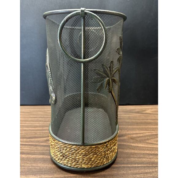 Oval Mesh Metal Basket Magazine Rack Elephants Tropical Palm Tree Waste Basket - Picture 4 of 9